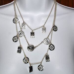 Womens Silver Charm Pendant Multi Chain Necklace Flower Charms